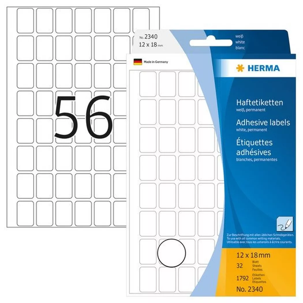 HERMA – Universal-Etiketten 12x18mm 2340 weiss 1792 Stück/32 Blatt, One Size