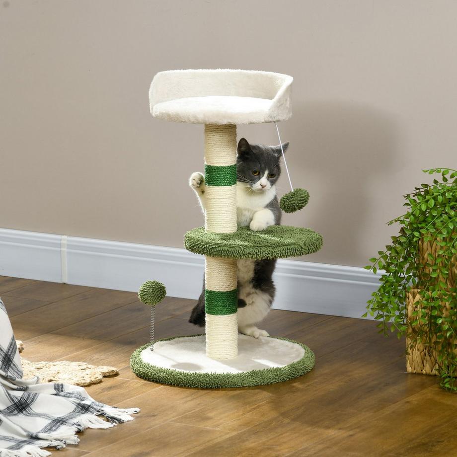 Northio  Arbre À Chat Rond De 64 Cm, Petit Arbre À Chat Avec Zone De Couchage Et Balle Jouet, Pour Chats Jusqu'À 4 Kg, Sisal, Blanc/Vert 