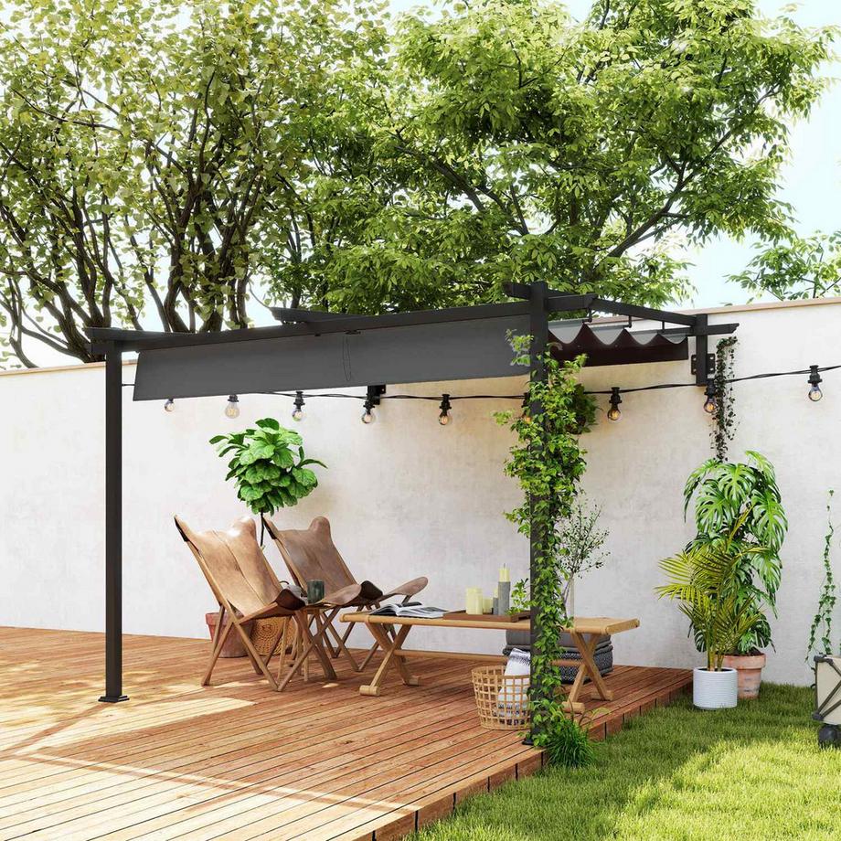 Northio Terrassendach Pergola ca. 3x3m Terrassendachung, Garten Pavillon aus Aluminium, Wandmontage, Gartenpavillon mit Verstellbares Dach, Sonnenschutz für Terrasse und Garten, Dunkelgrau  