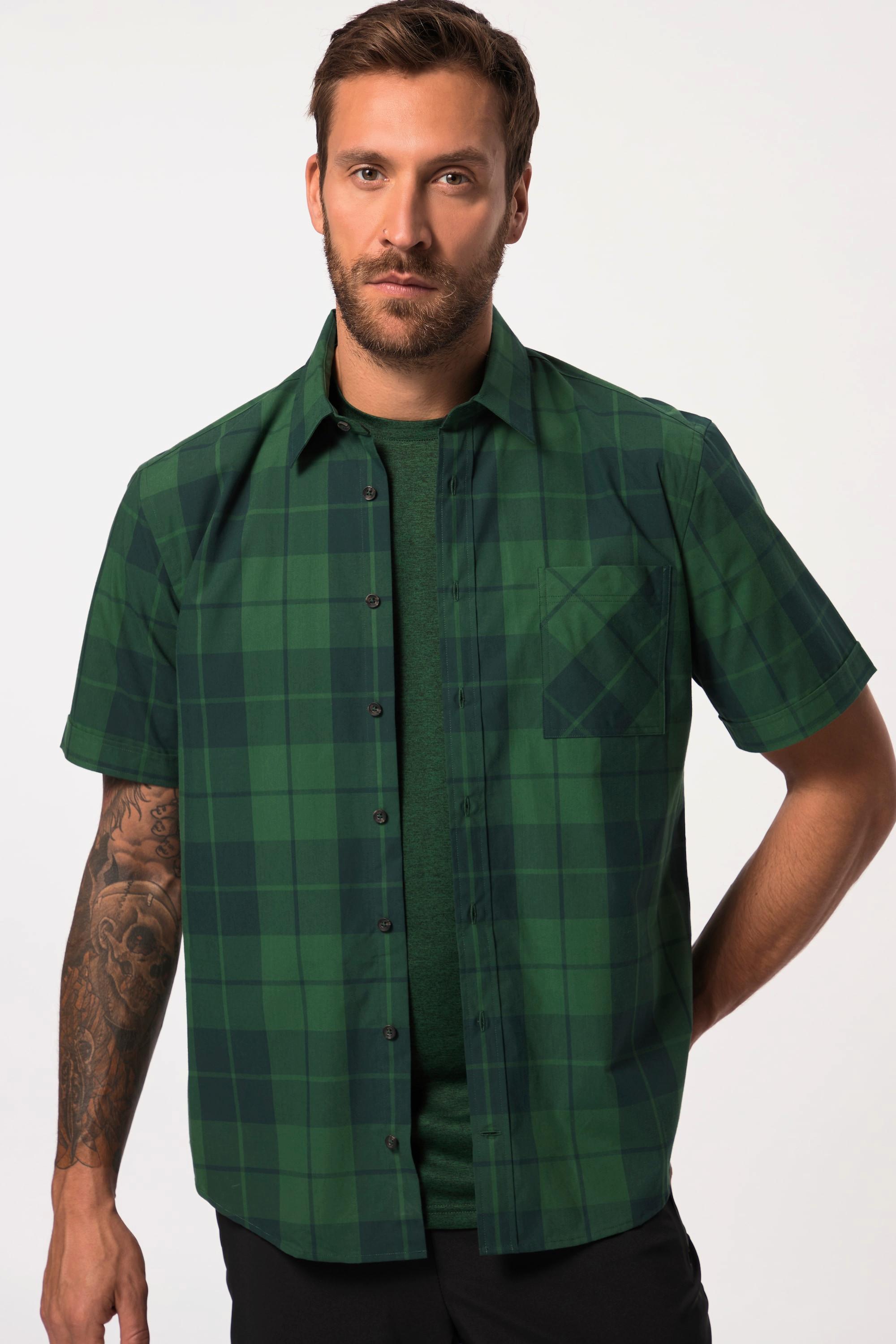 JP1880  Chemise Outdoor manches courtes, imprimé à carreaux et col Kent - coupe Modern Fit 