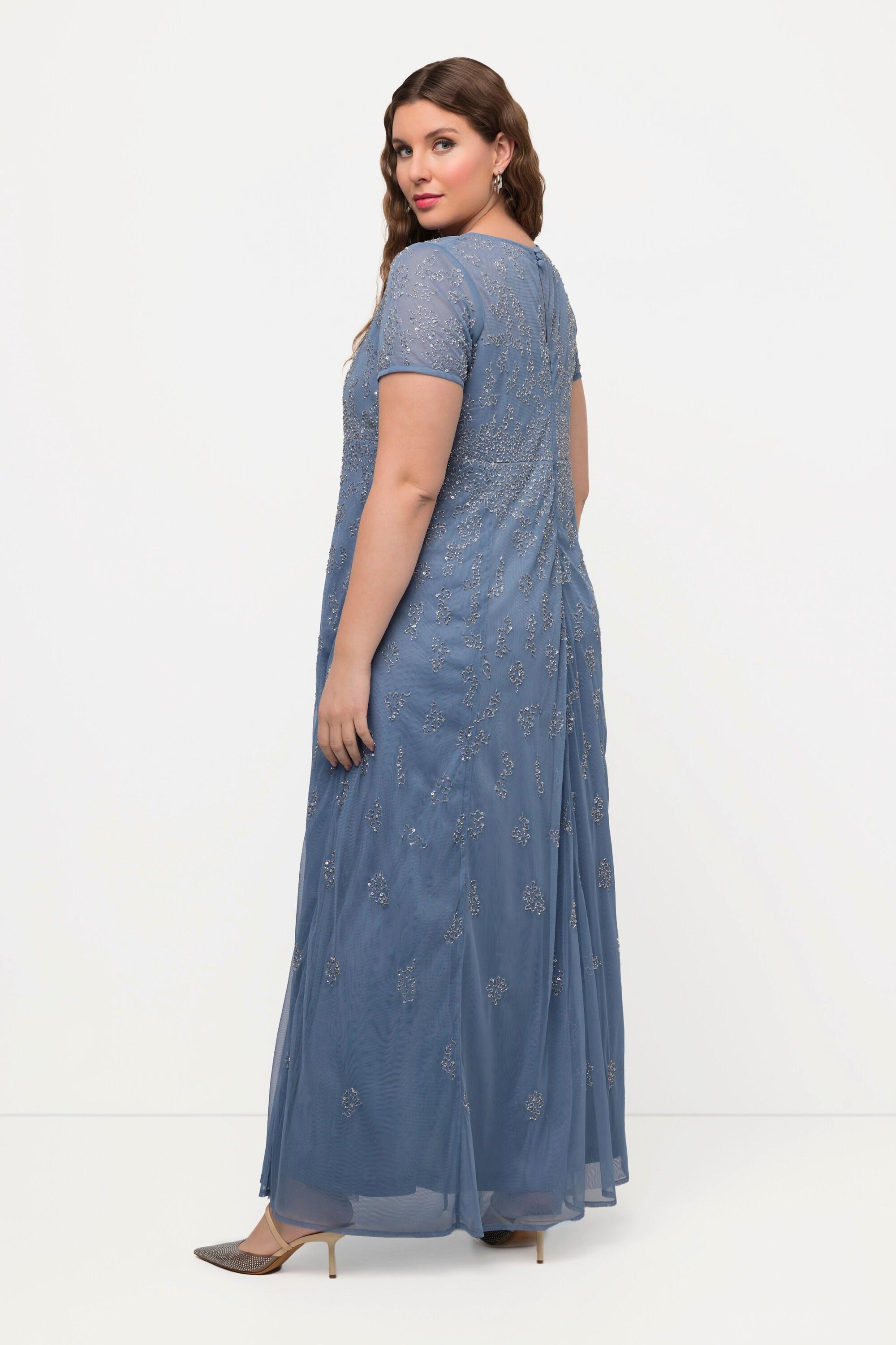 Ulla Popken Robe en Tulle Perles Brodées Décolleté Rond Manches Courtes  