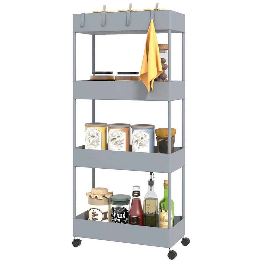 Rollwagen, Küchenregal mit 4 Ebenen, Aufbewahrungsregal mit Rollen, Küchenwagen mit Bremsen, Servierwagen für Küche, Schlafzimmer, Wohnzimmer, Kunststoff, Grau, 40 x 19 x 90 cm |