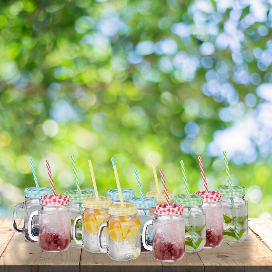 B2X  Bunte Trinkgläser mit Deckel - 12 Stück 