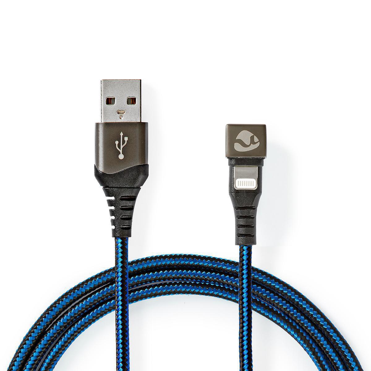 Nedis  Câble USB | USB 2.0 | Apple Lightning, 8 broches | USB-A mâle | 12 W | 480 Mbps | Nickel Plated | 1.00 m | Rond | Tressé / Nylon | Bleu / Noir | Boîte avec fenêtre couverte 