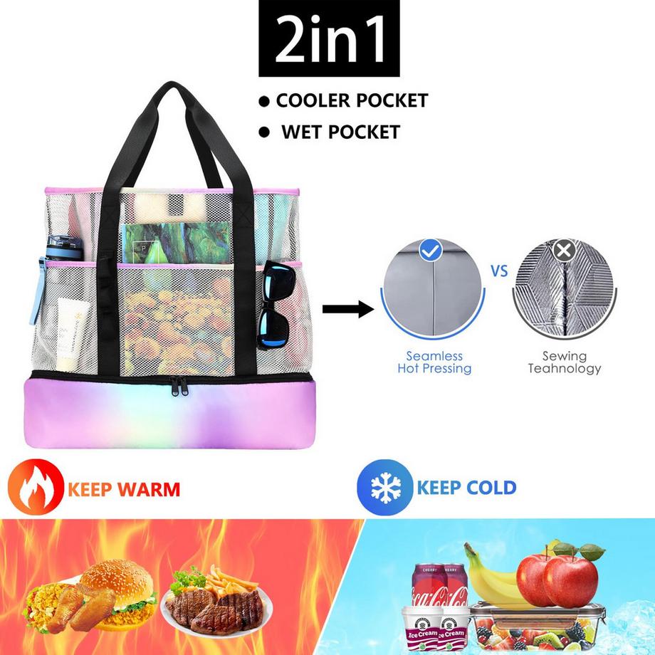 Only-bags.store  Mesh Beach Bag Large Foldable mit wasserdichter Kühltasche 