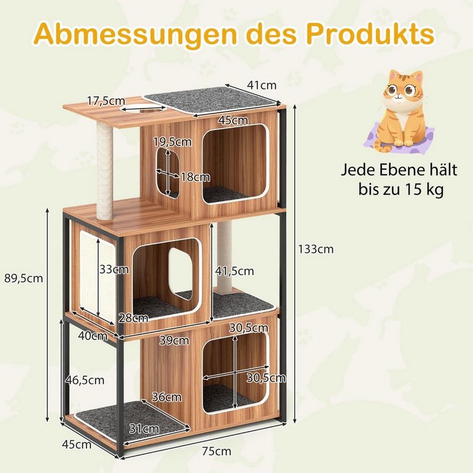 Northix  2 in 1 Kratzbaum Katzenhaus 3 Etagen Katzenbaum mit Abnehmbaren Kissens & Katzenhöhle 