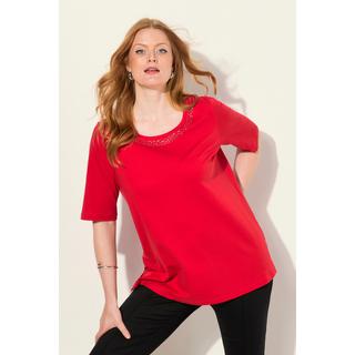 Ulla Popken  T-shirt dal taglio svasato in cotone Pima con scollo a girocollo e mezze maniche 