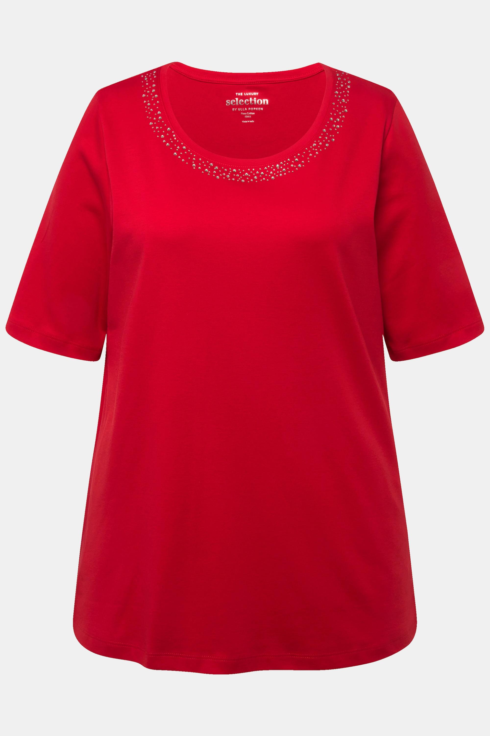 Ulla Popken  T-shirt dal taglio svasato in cotone Pima con scollo a girocollo e mezze maniche 