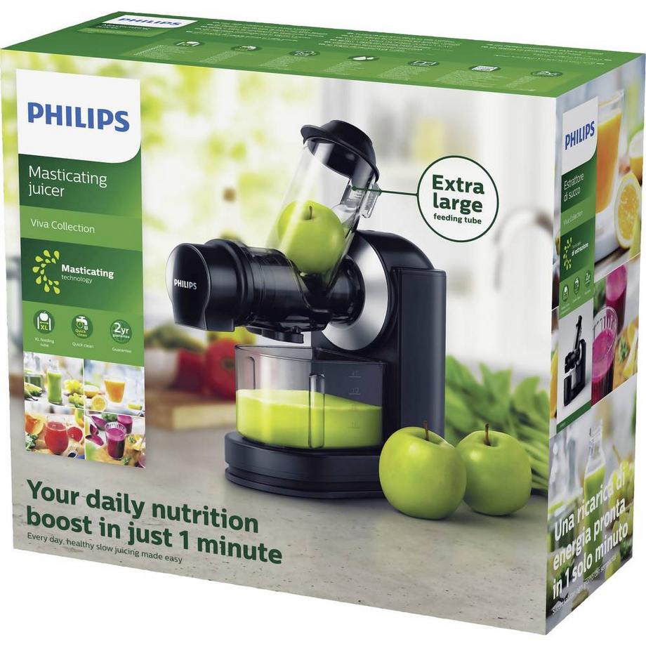 PHILIPS Slow Juicer Viva cheminée de remplissage XL 70 mm, + réservoir de jus et livre de recettes  
