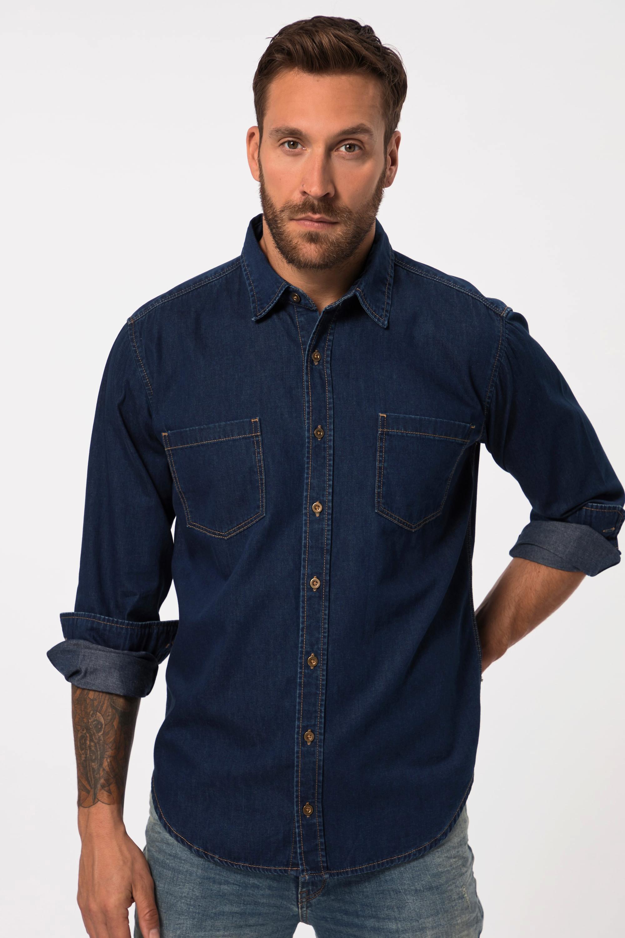 JP1880  Chemise en jean à manches longues et col Kent. Coupe Modern Fit. Jusqu'au 8XL 