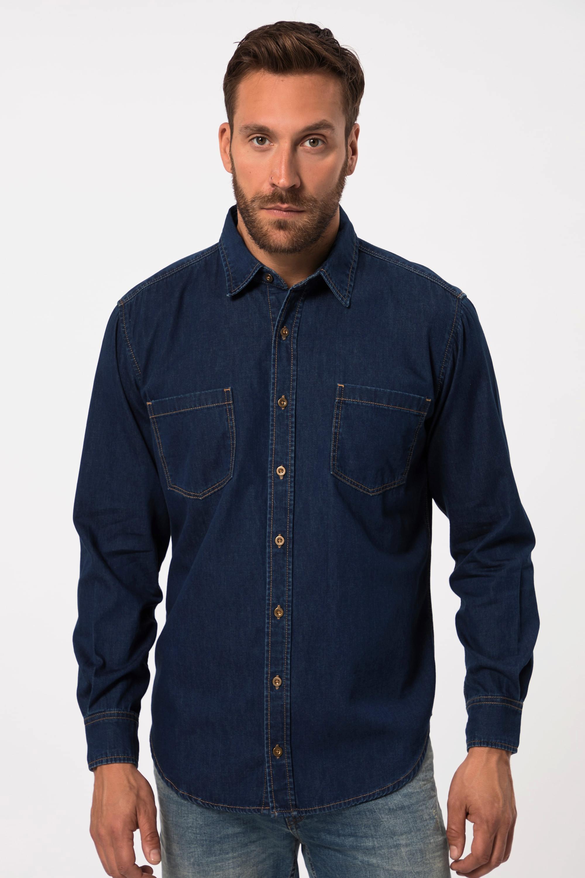 JP1880  Chemise en jean à manches longues et col Kent. Coupe Modern Fit. Jusqu'au 8XL 