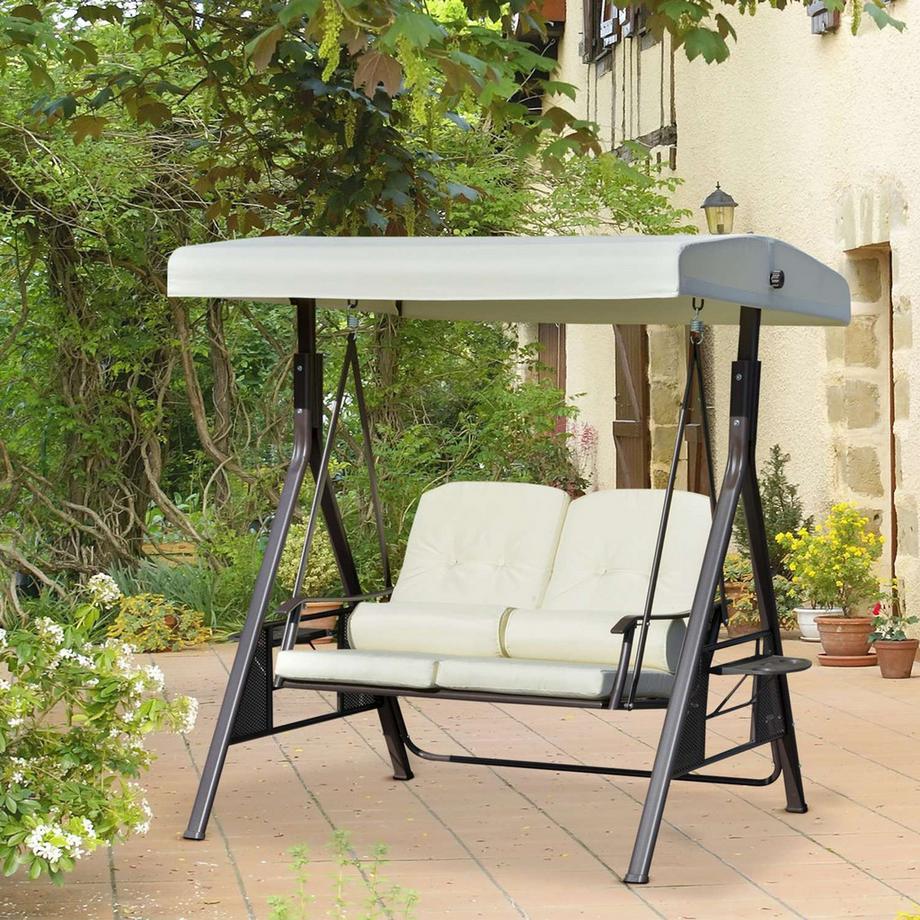 Northio Balançoire de jardin Hollywood Swing 2 places avec auvent, coussin et plateau, structure en métal, housse en polyester, Beige, 162x118x173cm  