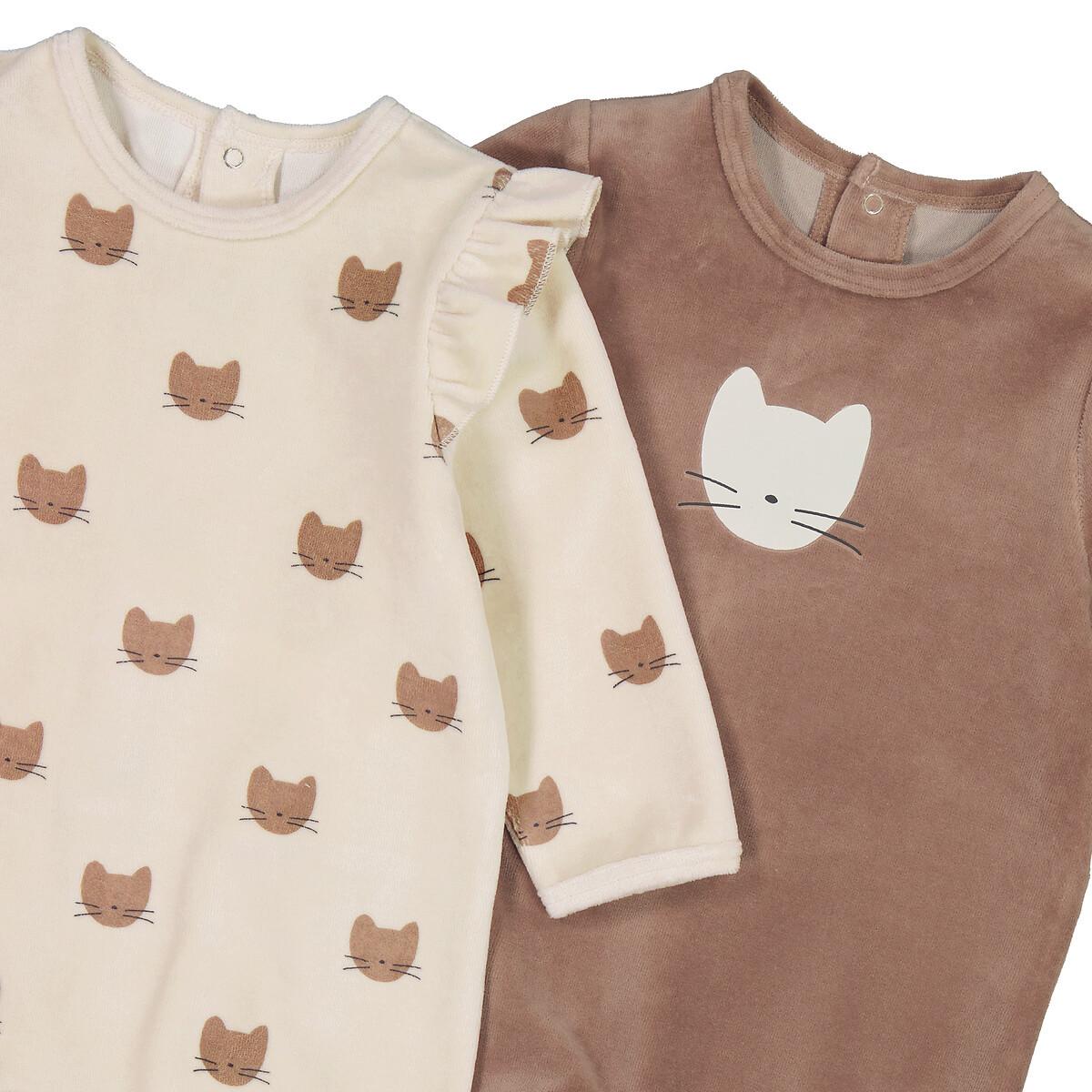 La Redoute Collections  2er-Pack Samt-Strampler mit Katzenmotiv 