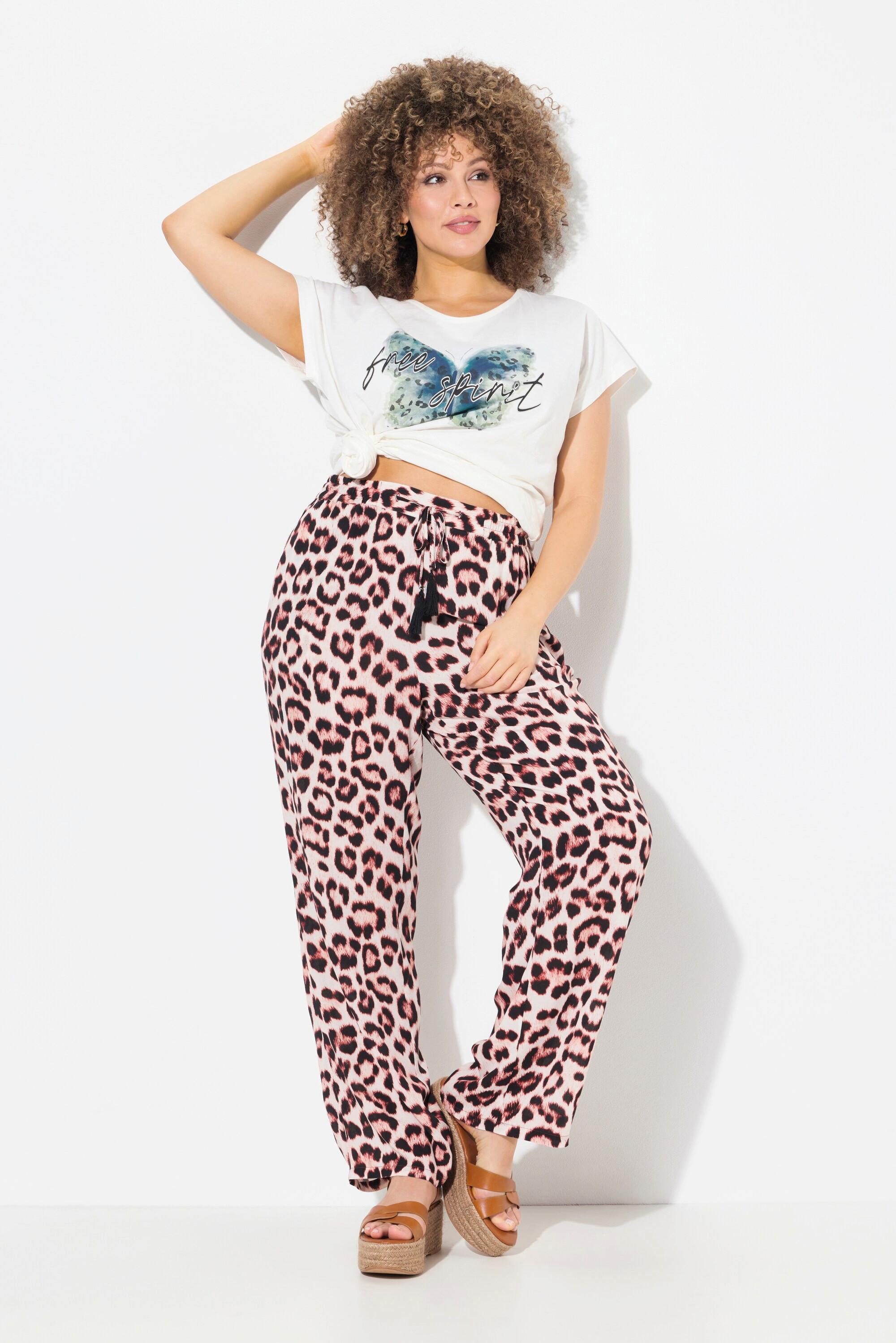 Ulla Popken Rose Fantasia Leopardata Gamba Larga Pantaloni  