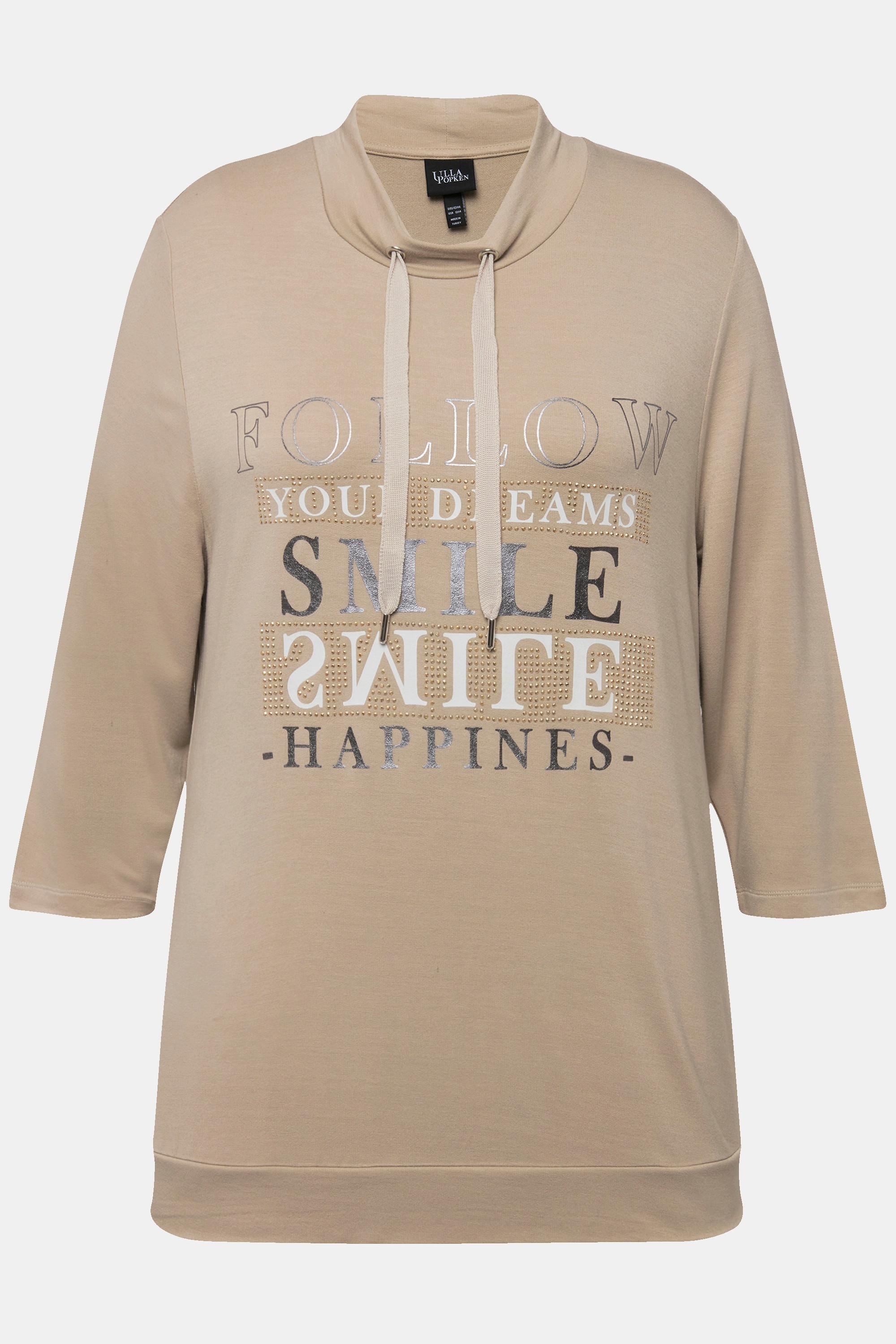 Ulla Popken  Sweatshirt, Metallic-Schriftmotiv, Stehkragen, 3/4-Arm 