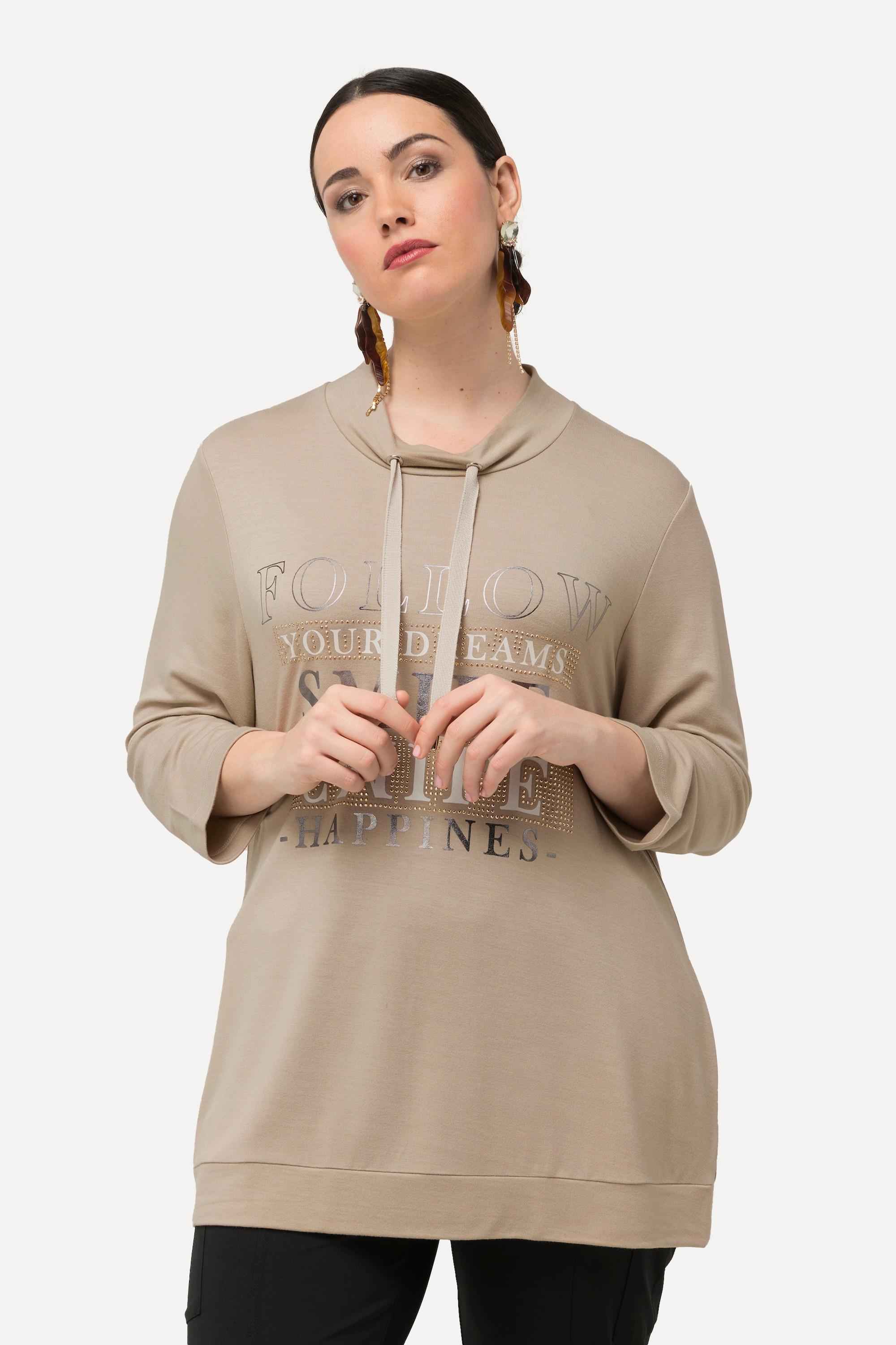 Ulla Popken  Sweatshirt, Metallic-Schriftmotiv, Stehkragen, 3/4-Arm 