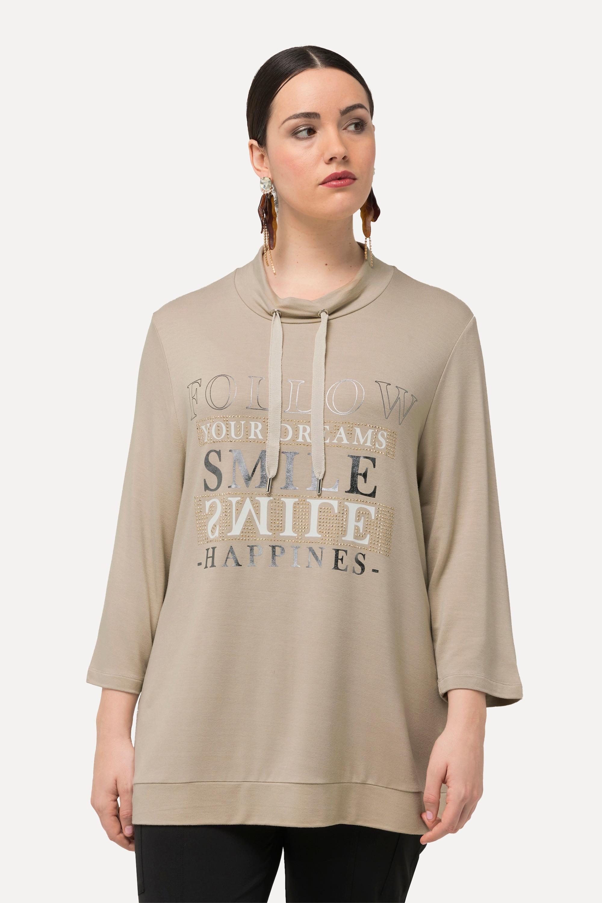 Ulla Popken  Sweatshirt, Metallic-Schriftmotiv, Stehkragen, 3/4-Arm 