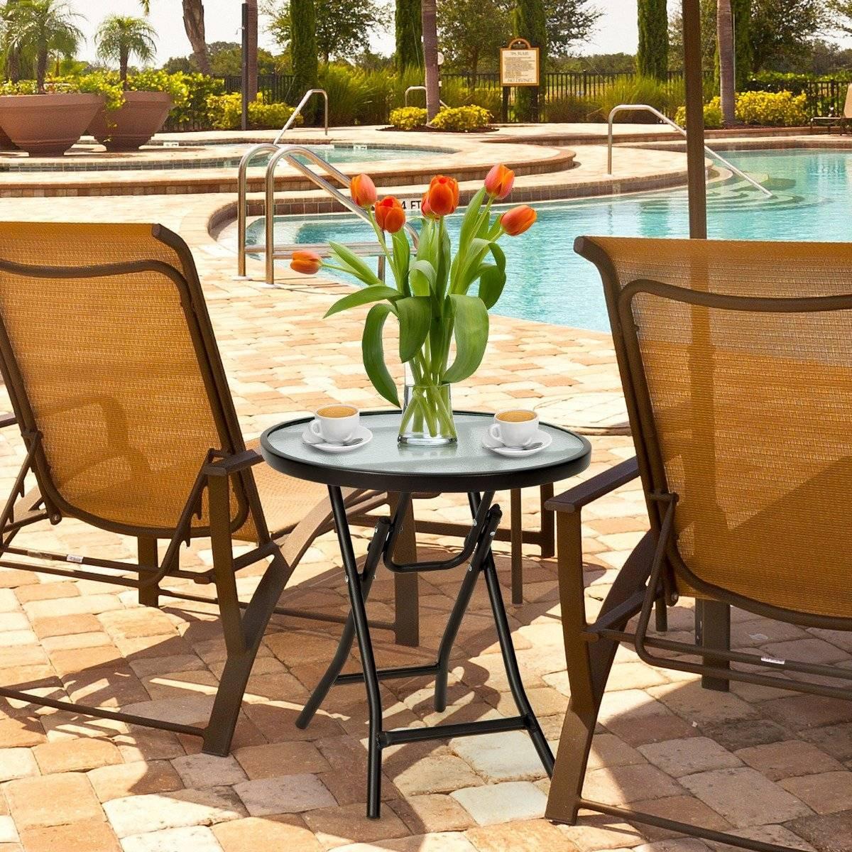 Northix Terrassen-Esstisch Runder Glastisch mit Tischplatte aus Gehärtetem Glas 46,5 x 46,5 x 47,5 cm Schwarz  