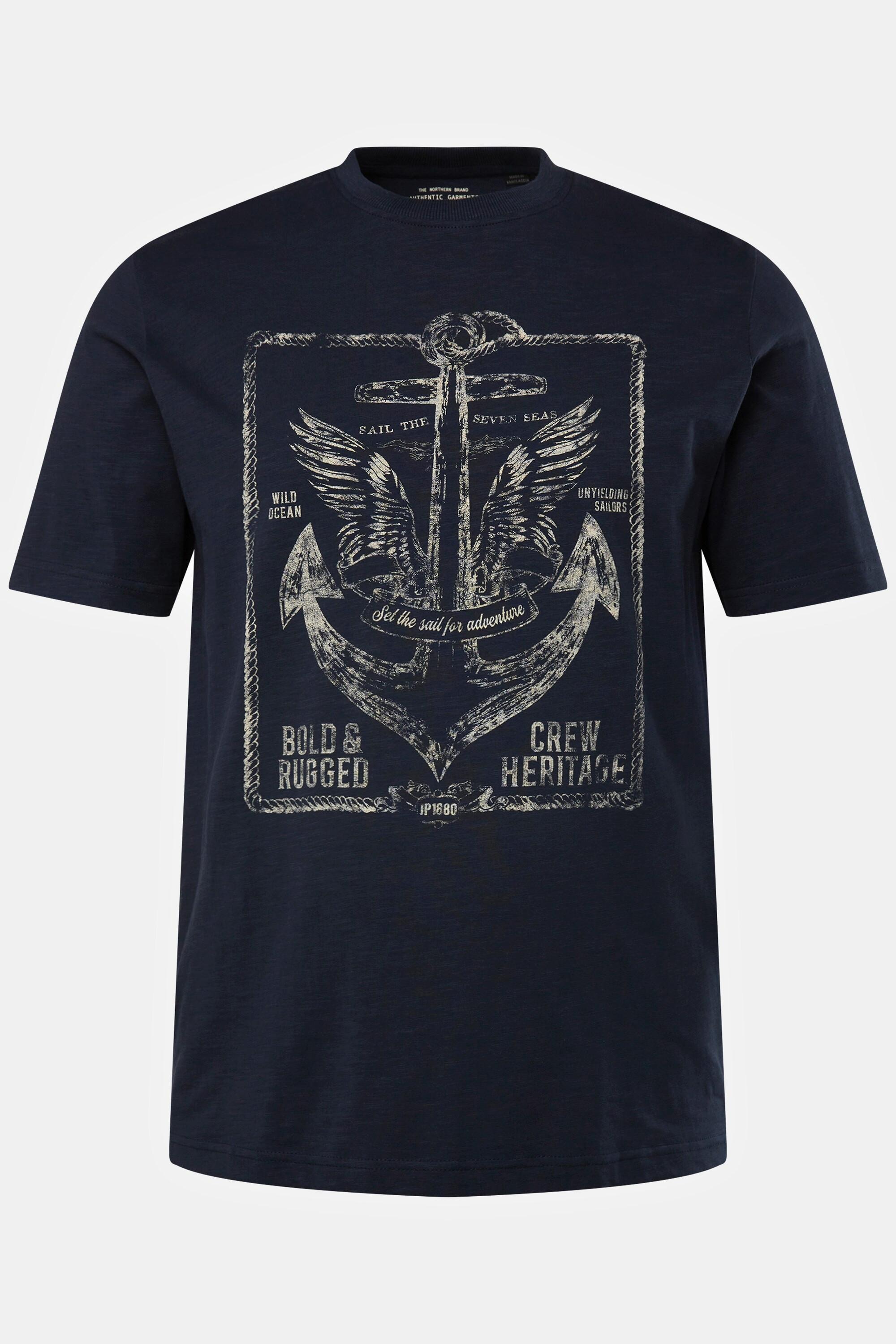 JP1880  T-shirt à manches courtes, col rond et imprimé ancre de bateau sur la poitrine bleu marine 