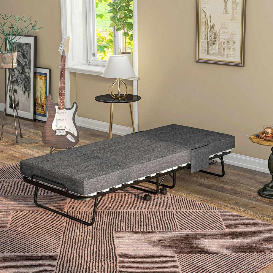 Northio Lit d'appoint pliant à roulettes, matelas 10 cm, housse, lit parapluie avec poche latérale gris foncé 190 x 80 x 42 cm  