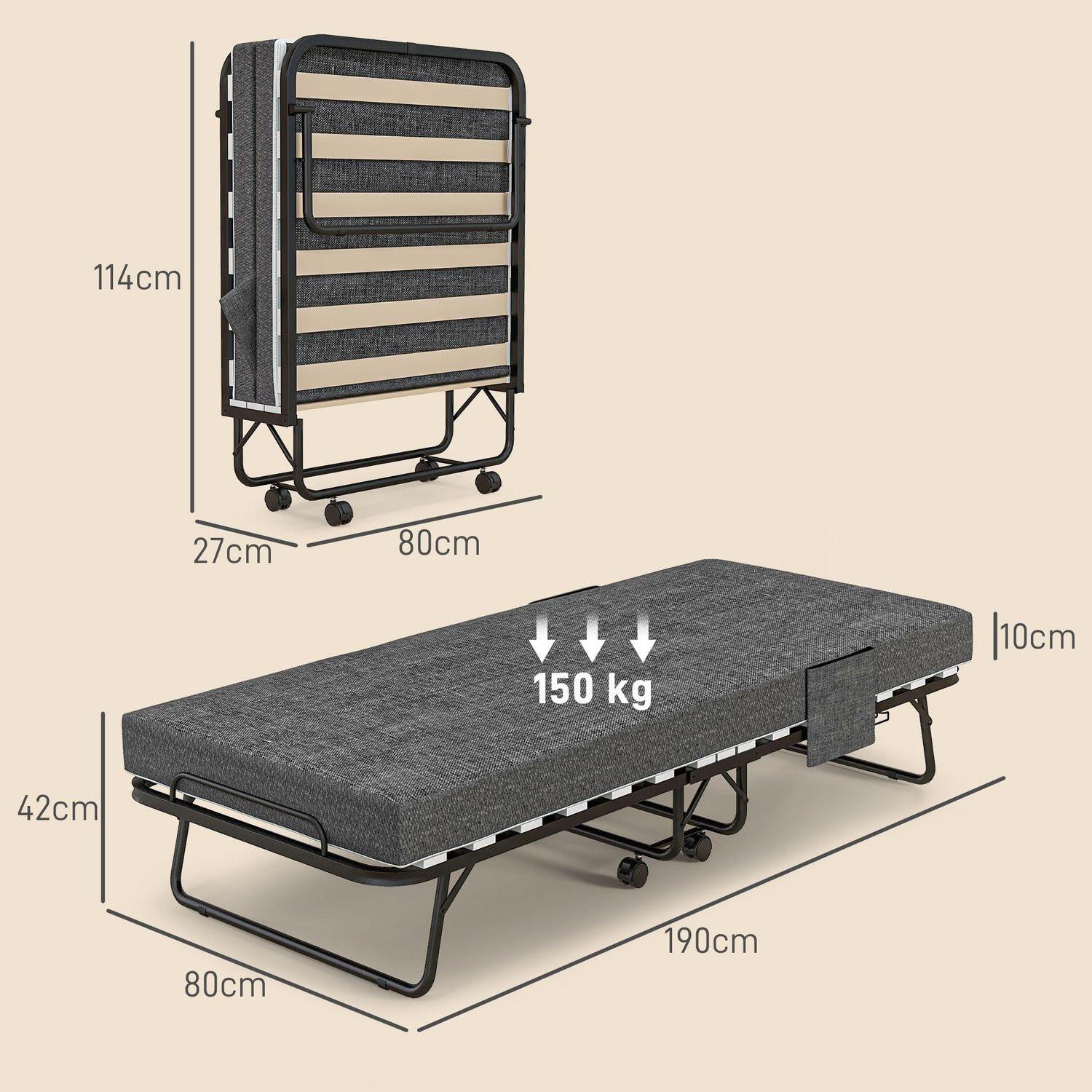 Northio Lit d'appoint pliant à roulettes, matelas 10 cm, housse, lit parapluie avec poche latérale gris foncé 190 x 80 x 42 cm  