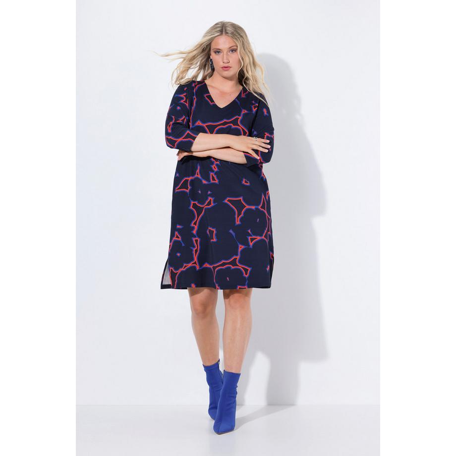 Ulla Popken Robe Punto à motif floral col en V manches 3/4  