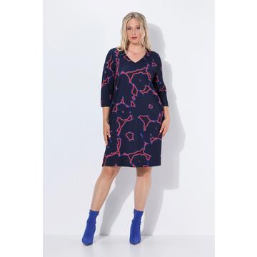 Abito in jersey punto Roma con fiori, scollo a V, maniche a 3/4 e tasche