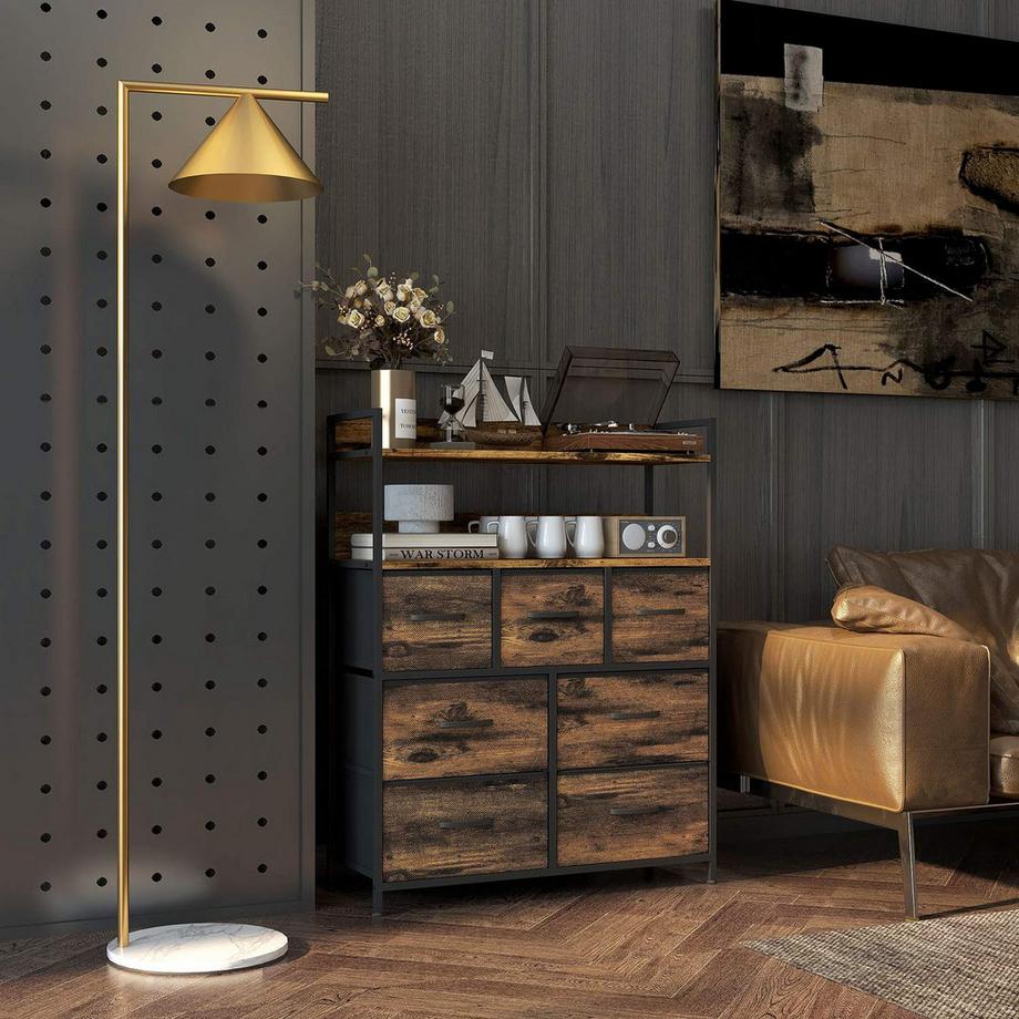 Northio Commode avec 7 tiroirs pliants en tissu, meuble de rangement, commode avec 2 étagères, cadre en acier pour chambre à coucher, salon, marron rustique  