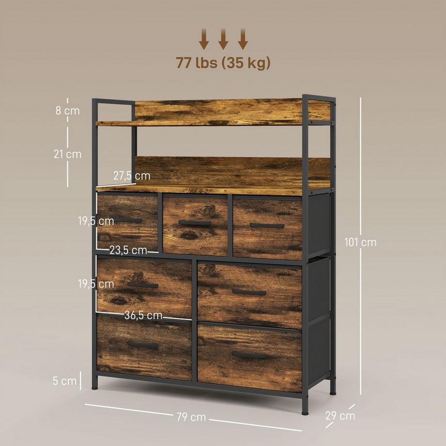 Northio Commode avec 7 tiroirs pliants en tissu, meuble de rangement, commode avec 2 étagères, cadre en acier pour chambre à coucher, salon, marron rustique  