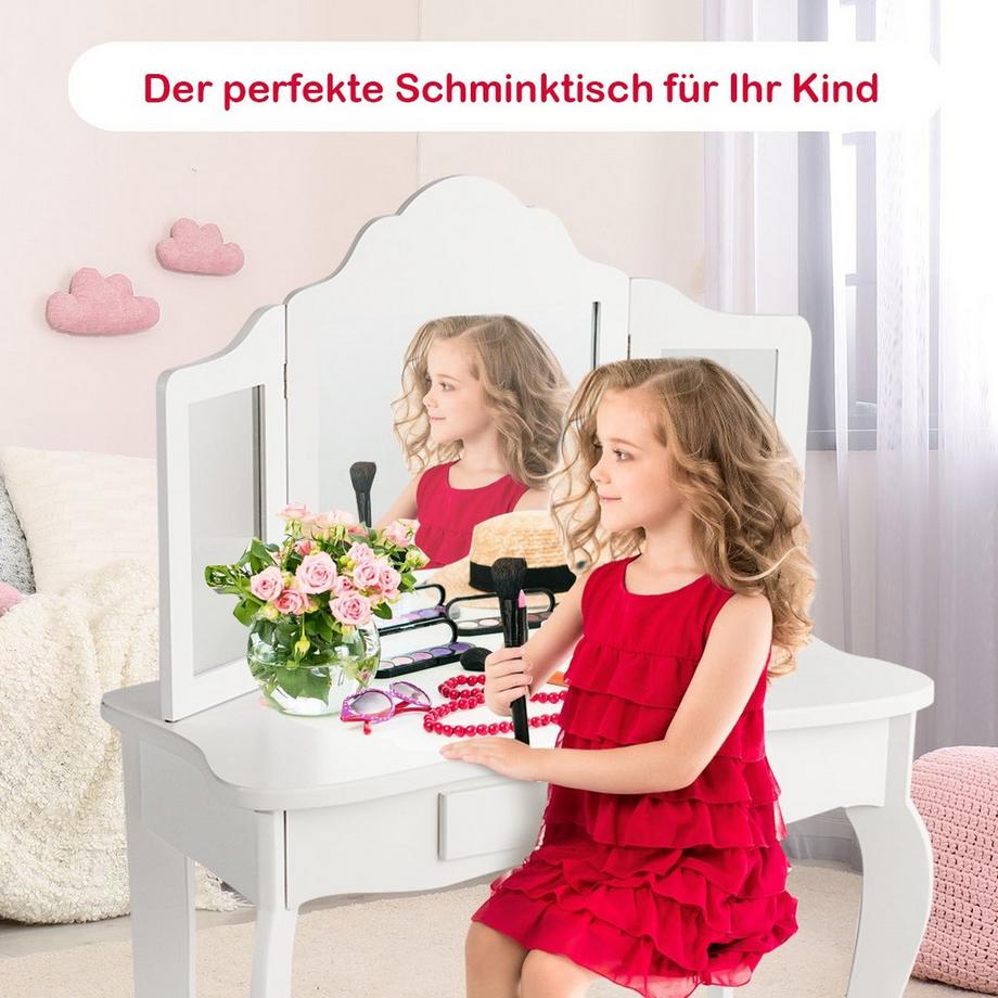 Northix  Schminktisch- und Hocker-Set für Kinder Frisiertisch mit Schublade Spiegel 70 x 34 x 103 cm Weiß 