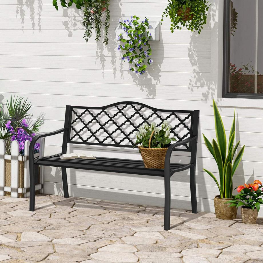 Northio Gartenbank 2-Sitzer Elegante Parkbank Aus Metall, Bis 240 Kg, Mit Rücken- & Armlehnen, Gusseisen, Schwarz, 128X58,5X89 Cm  