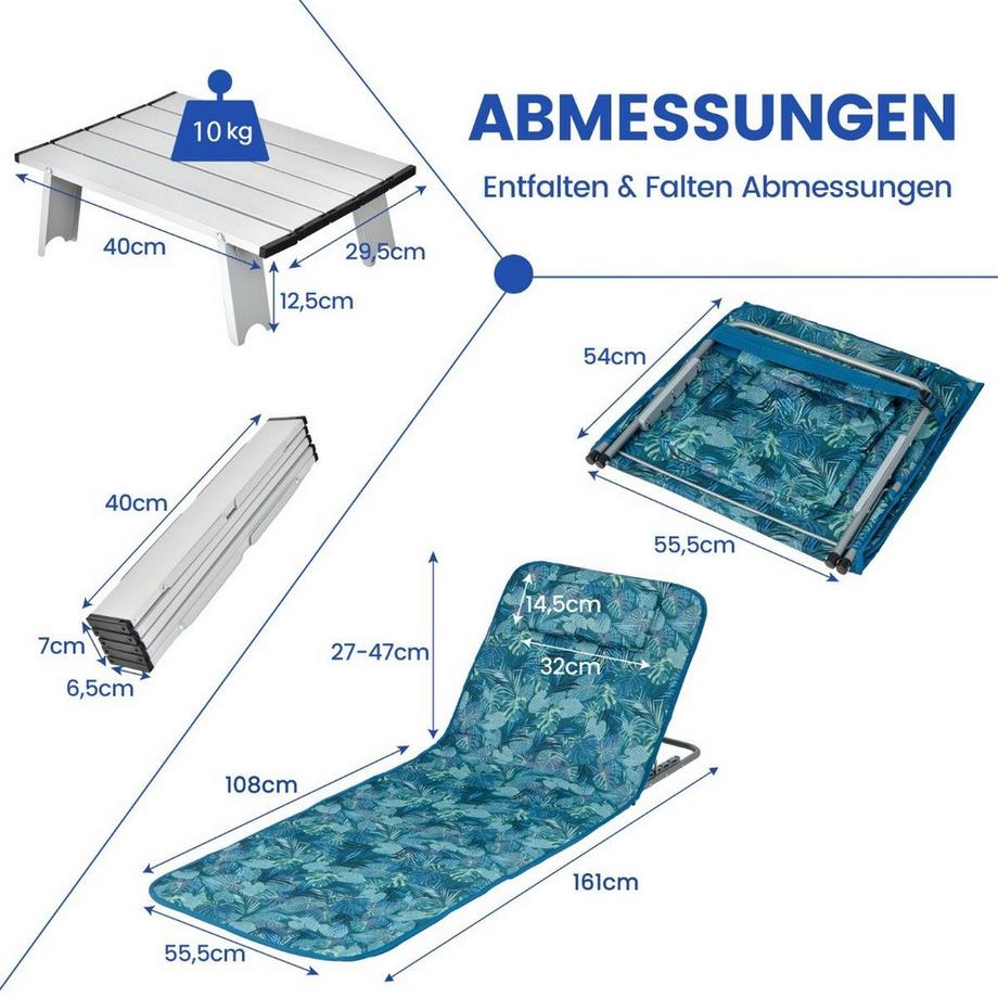 Northix  Ensemble de 2 tapis de plage avec table d'appoint, oreiller et compartiment de rangement, tapis de chaise longue avec dossier réglable, bleu turquoise 