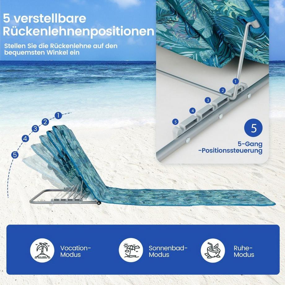 Northix  Ensemble de 2 tapis de plage avec table d'appoint, oreiller et compartiment de rangement, tapis de chaise longue avec dossier réglable, bleu turquoise 