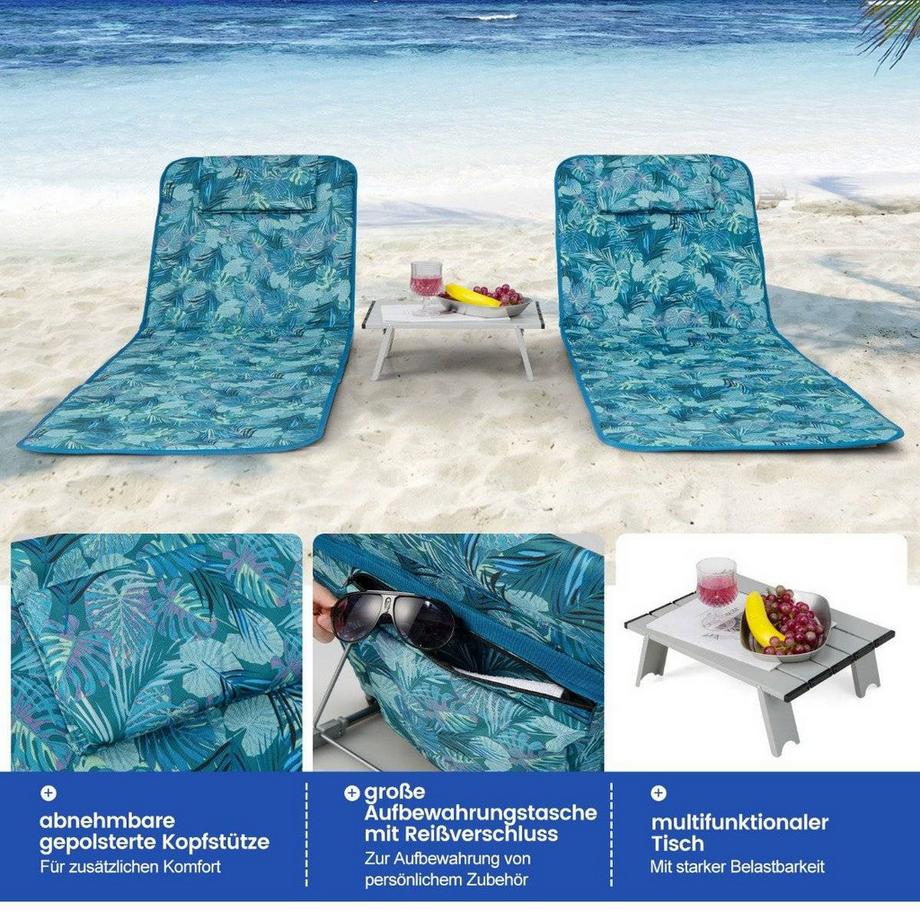 Northix  Ensemble de 2 tapis de plage avec table d'appoint, oreiller et compartiment de rangement, tapis de chaise longue avec dossier réglable, bleu turquoise 