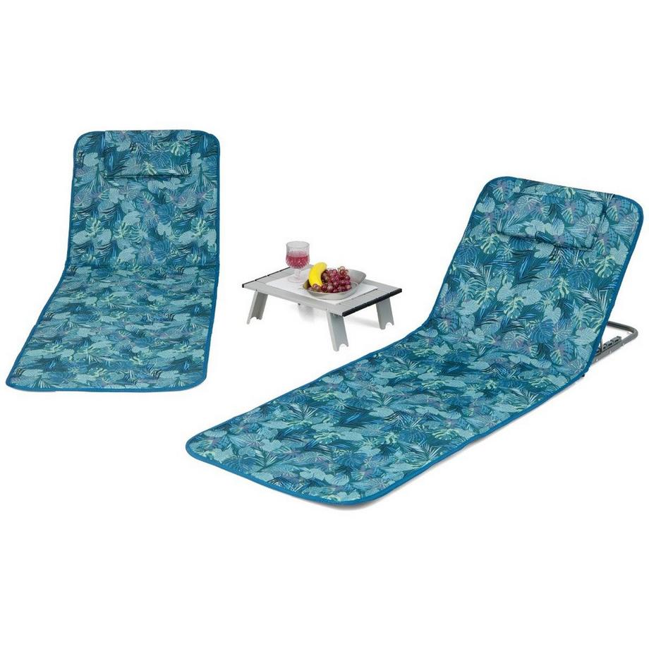 Ensemble de 2 tapis de plage avec table d'appoint, oreiller et compartiment de rangement, tapis de chaise longue avec dossier réglable, bleu turquoise