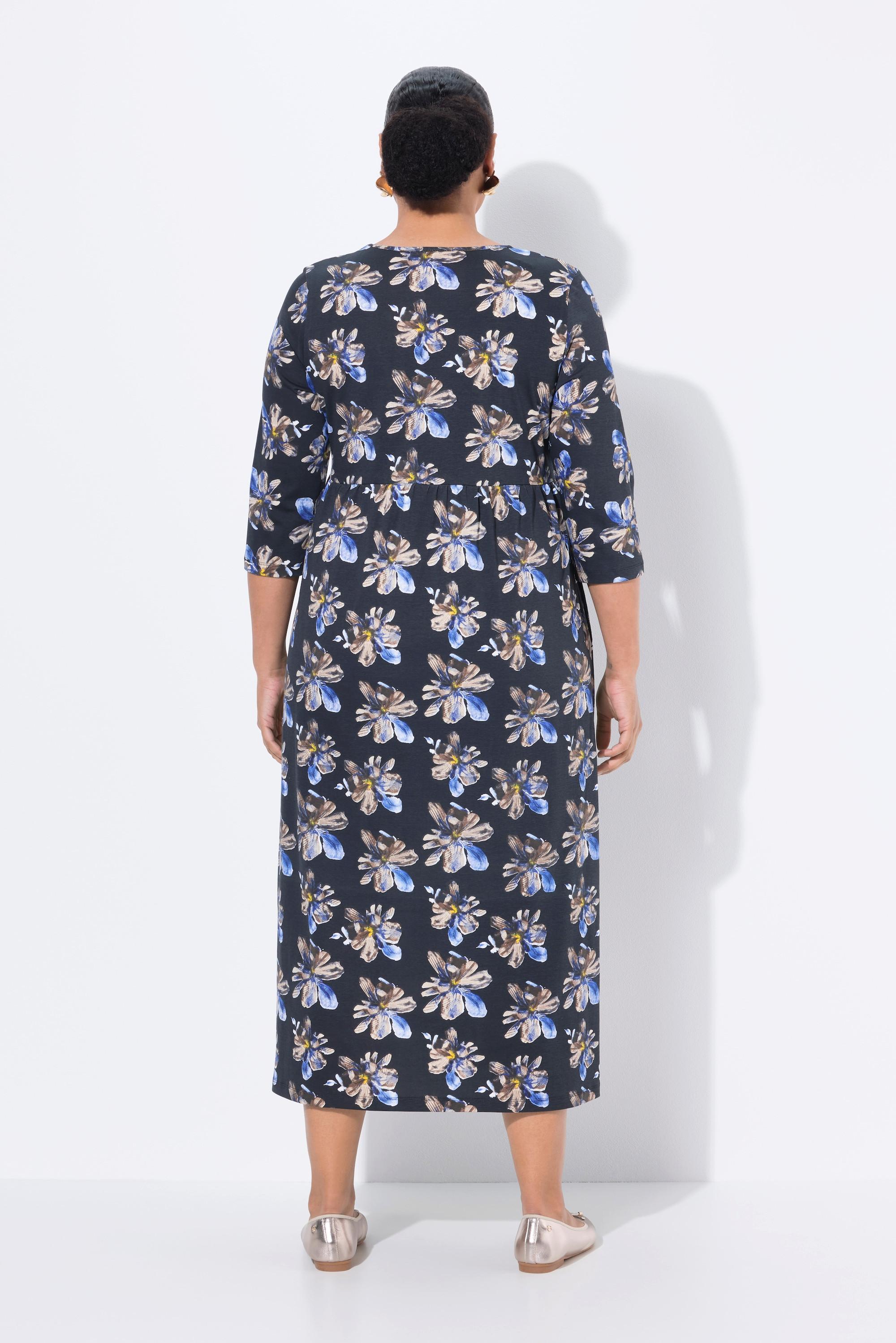 Ulla Popken Abito lungo floreale scollo rotondo maniche 3/4 con tasche  