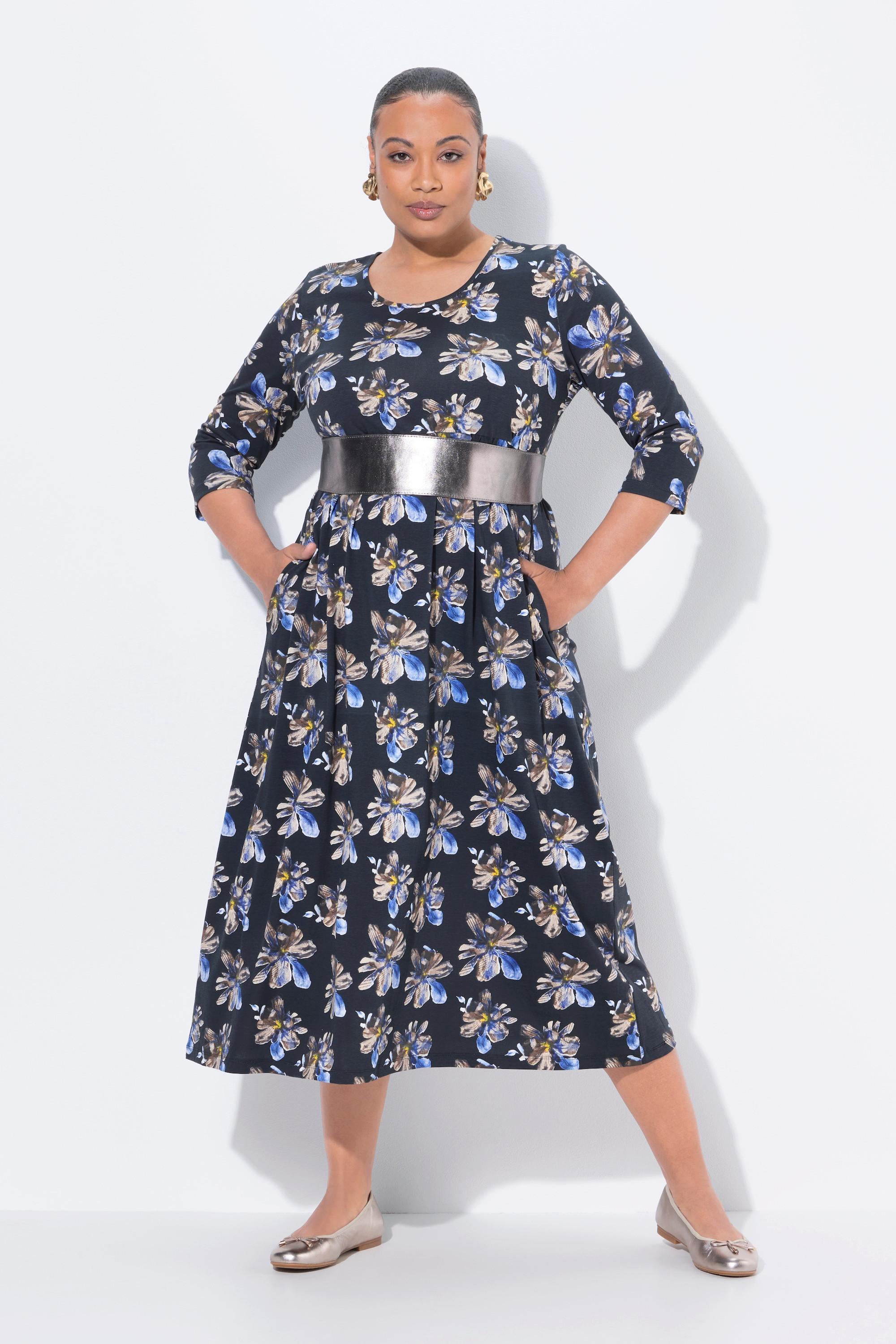 Ulla Popken Abito lungo floreale scollo rotondo maniche 3/4 con tasche  