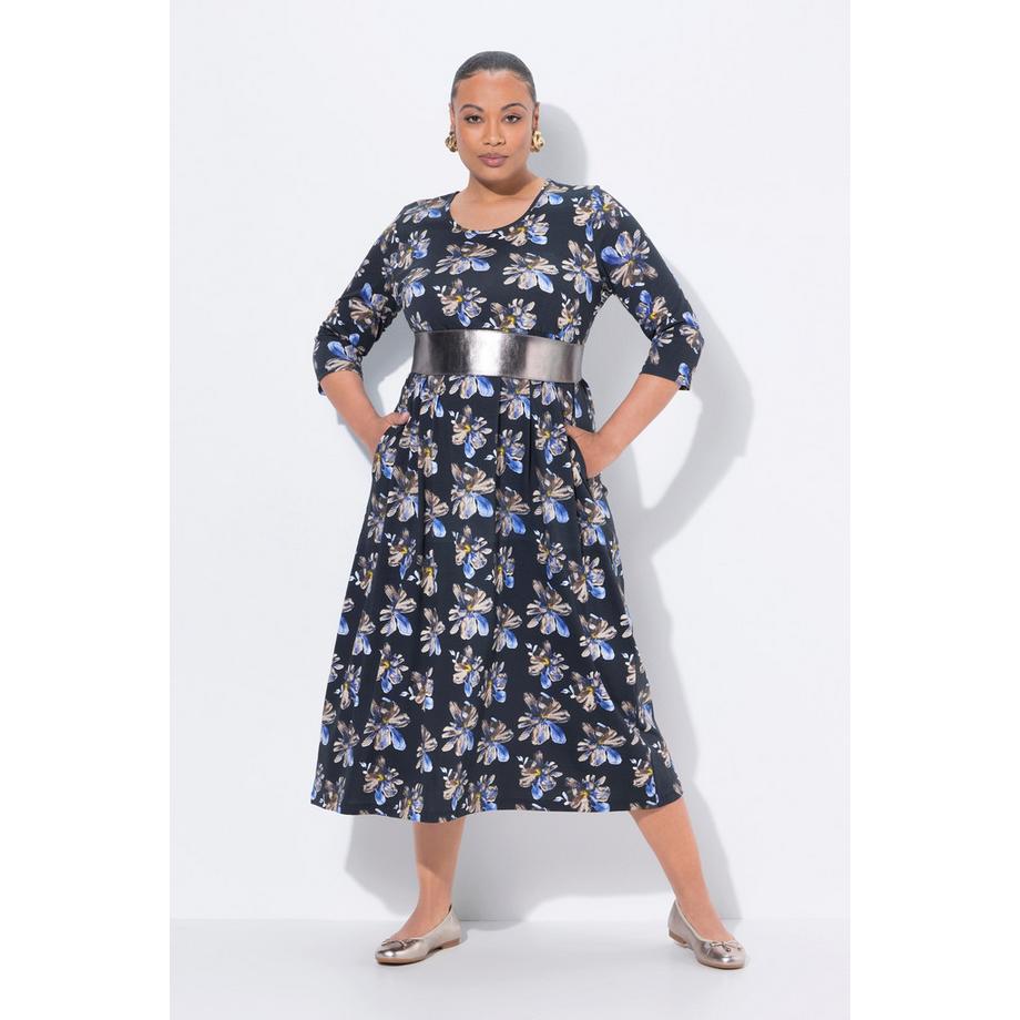 Ulla Popken Robe maxi florale col rond manches 3/4 avec poches  