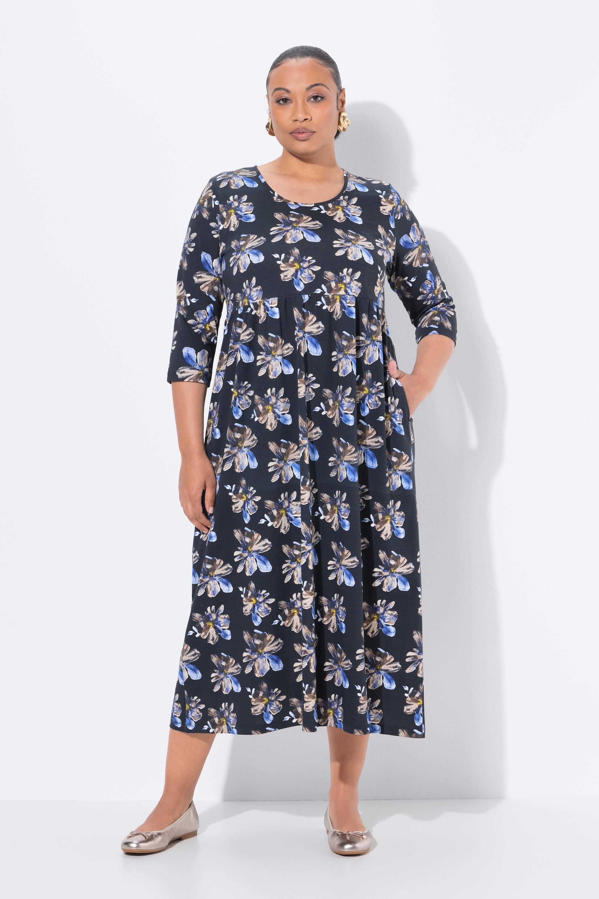 Ulla Popken Abito lungo floreale scollo rotondo maniche 3/4 con tasche  