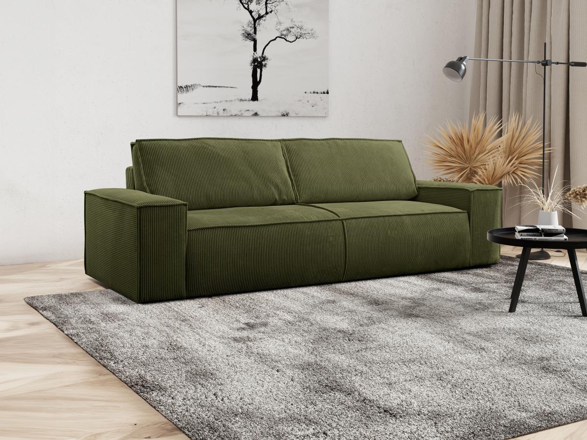 PASCAL MORABITO Canapé 4 places convertible en velours côtelé vert olive AMELIA  