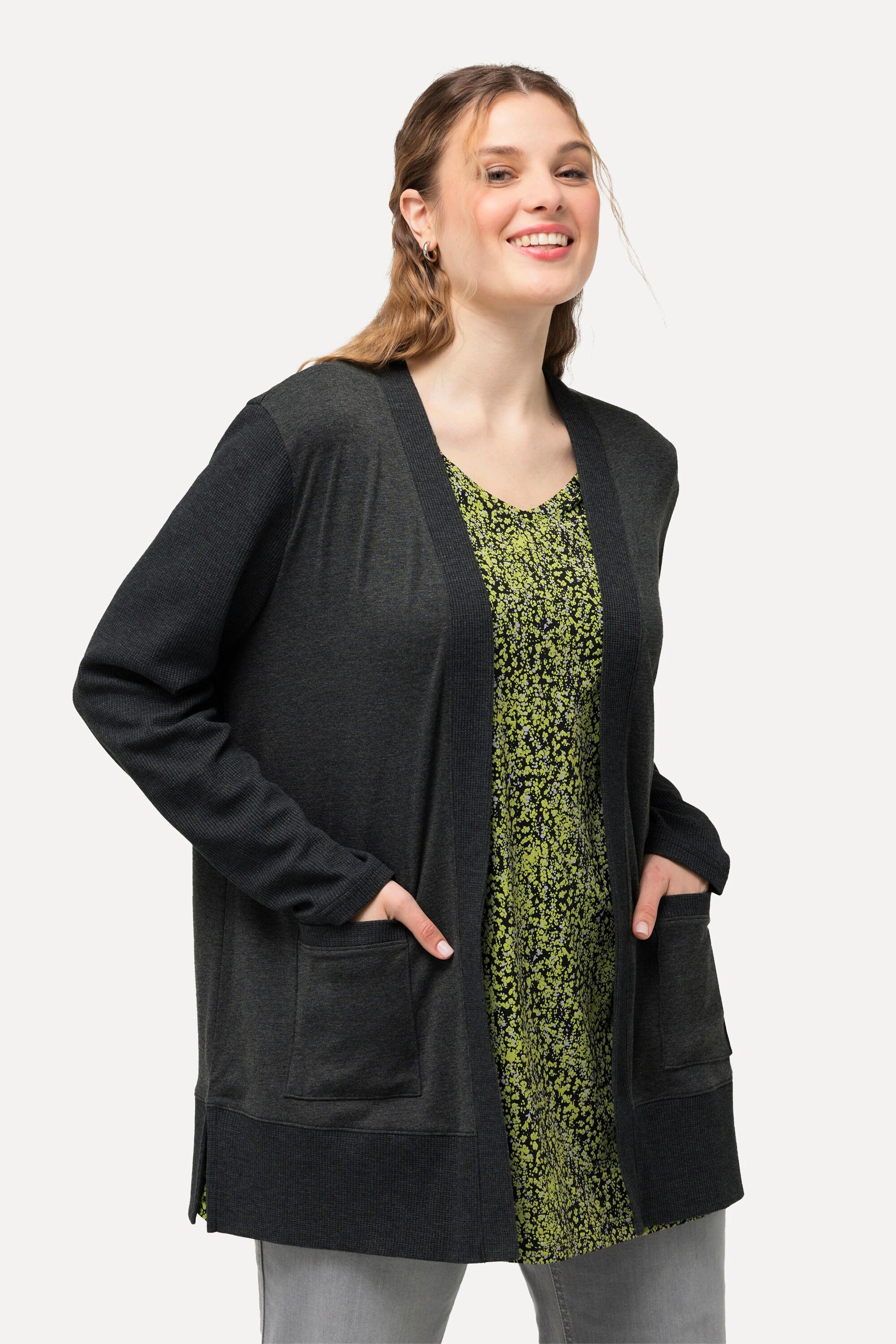 Ulla Popken  Sweatjacke, Waffelstruktur, offene Form, Langarm 