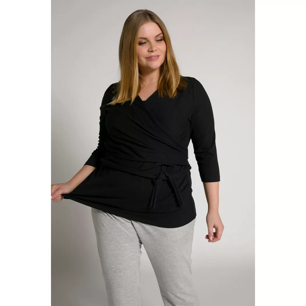 Ulla Popken - Bellieva-Wickelshirt, Skin to Skin, Rundhals, GOTS, für Damen, Schwarz, Größe 54/56