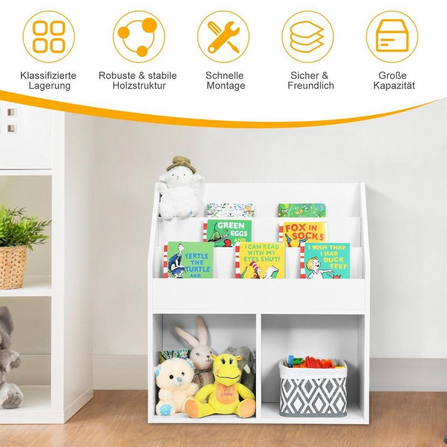 Northix Kinder Bücherregal aus Holz mit 3-stufigem Fach & 2 Ablagen Spielzeugregal Weiß  
