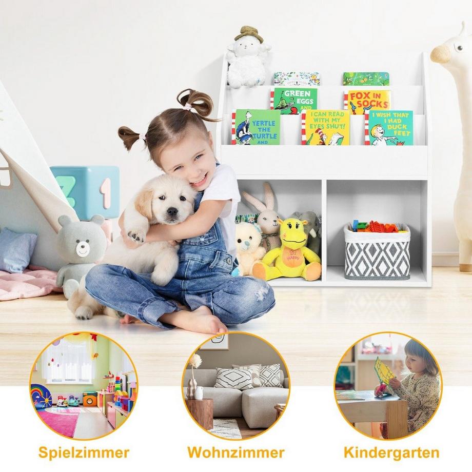 Northix Kinder Bücherregal aus Holz mit 3-stufigem Fach & 2 Ablagen Spielzeugregal Weiß  