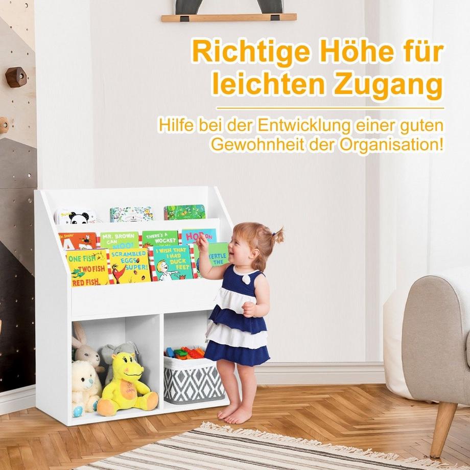 Northix Kinder Bücherregal aus Holz mit 3-stufigem Fach & 2 Ablagen Spielzeugregal Weiß  
