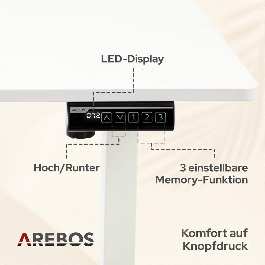 Arebos Bureau électrique réglable en hauteur 120 x 60 cm avec fonction mémoire  