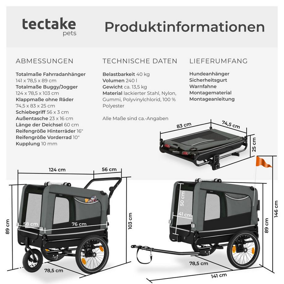 Tectake  Remorque vélo pour chien WoofRider multifonction 3-en-1 