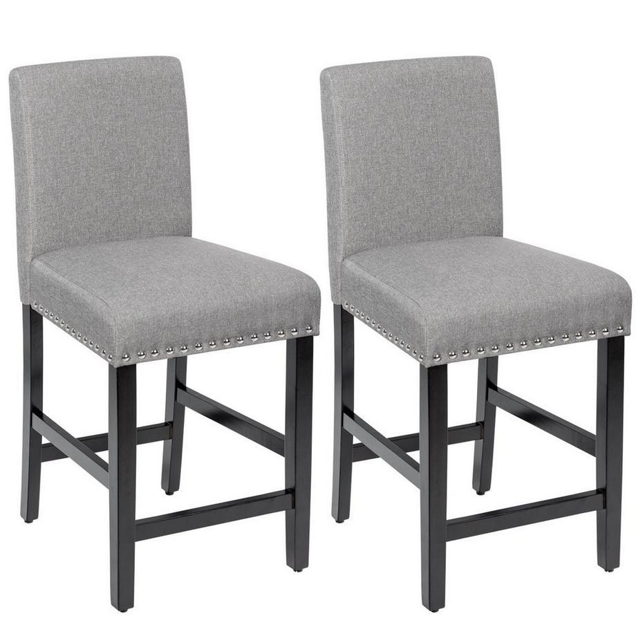 B2X Lot de 2 tabourets de bar avec pieds en bois d'hévéa et chaises de bar en tissu lin respirant gris  