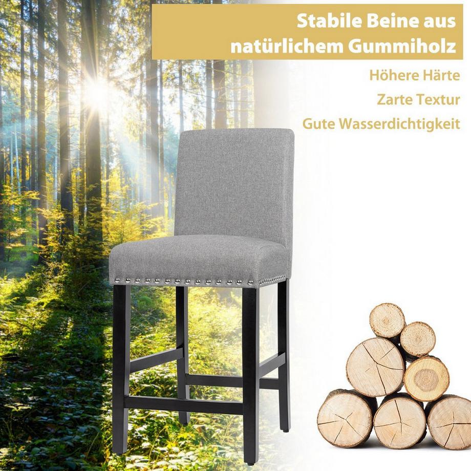B2X Lot de 2 tabourets de bar avec pieds en bois d'hévéa et chaises de bar en tissu lin respirant gris  