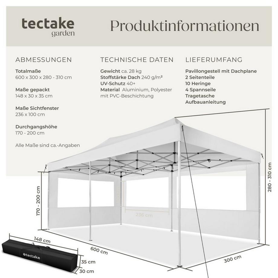 Tectake Pavillon Viola 6 x 3 m, mit Aluminiumgestell wasserdicht  